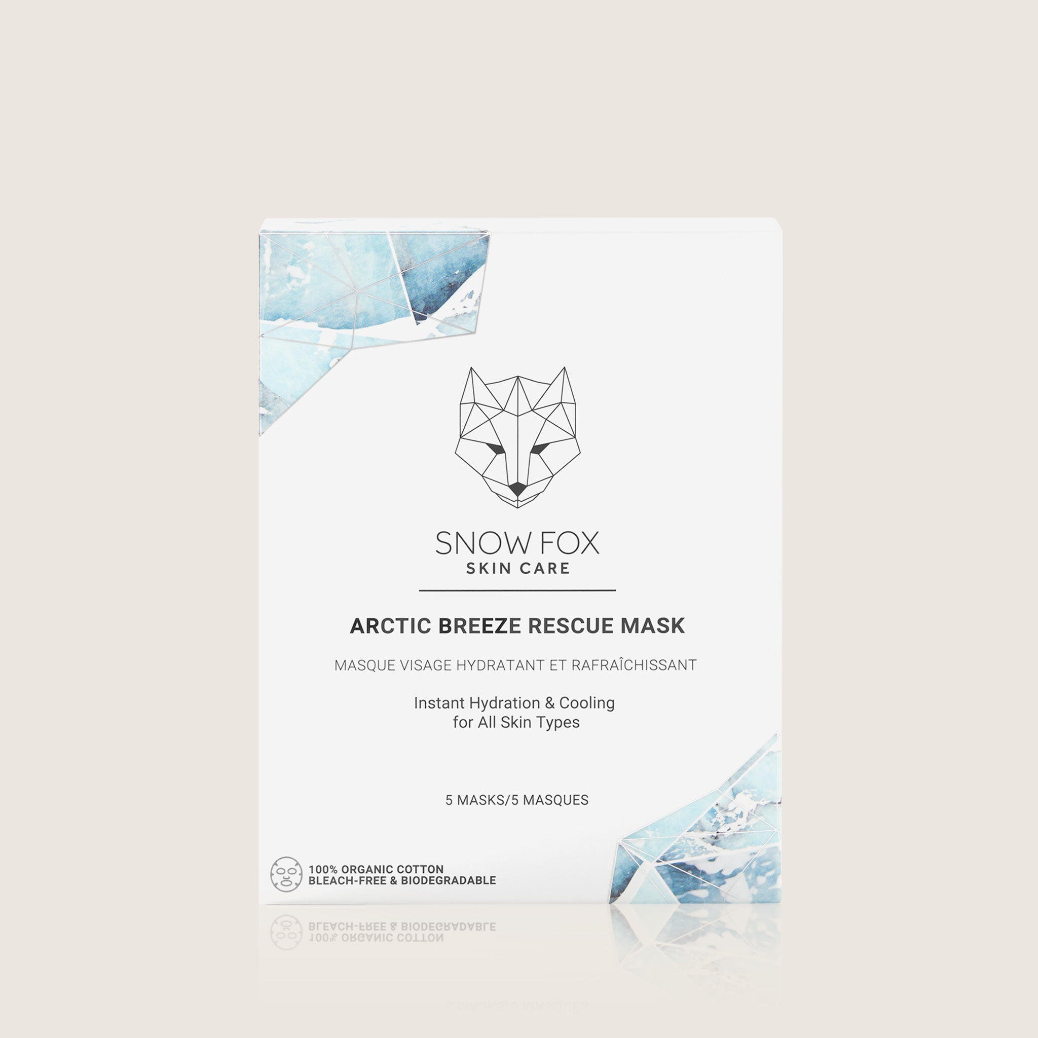Snow Fox Skin Care Arctic Breeze Rescue Mask packaging on a light gray background