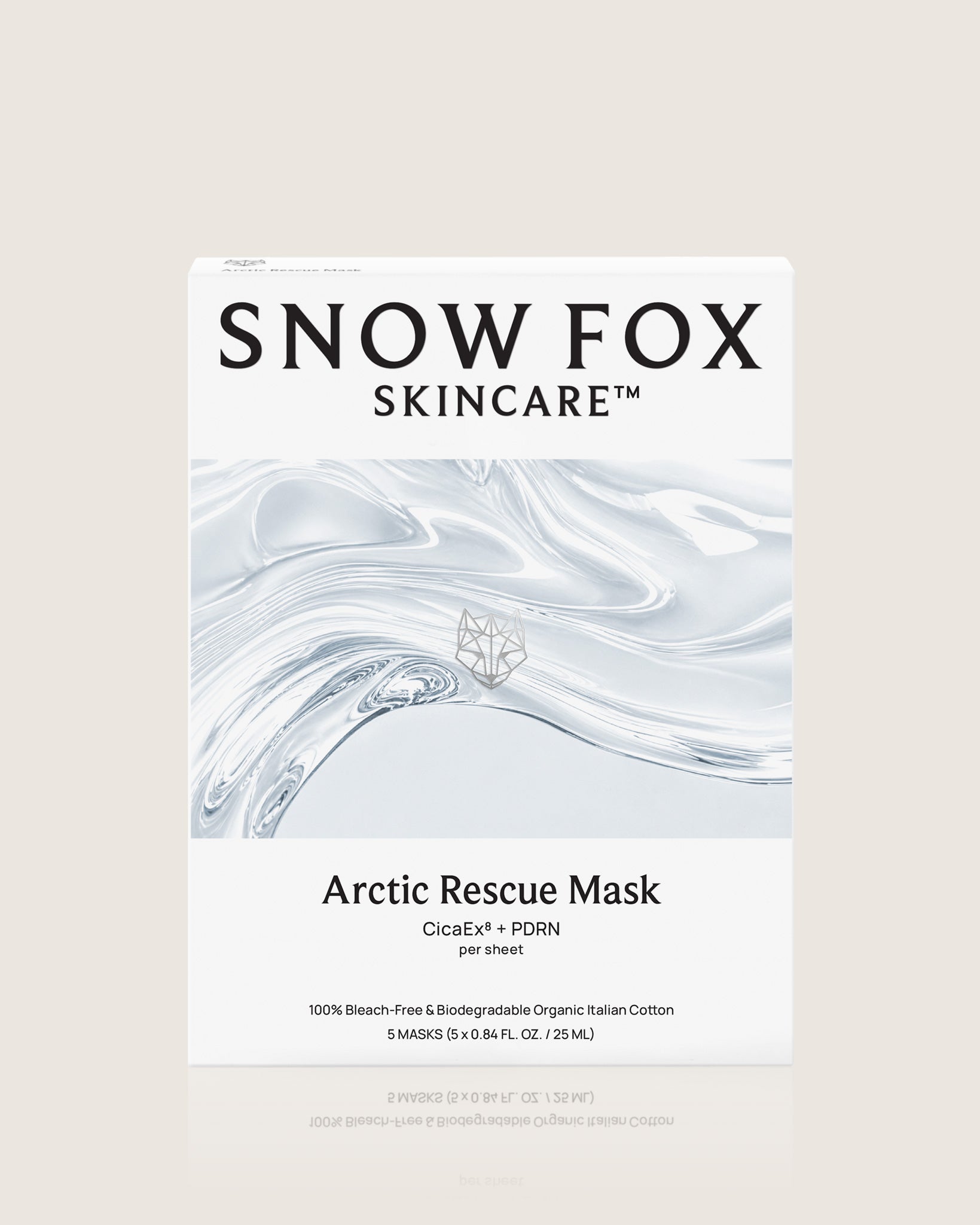 Snow Fox Skincare Arctic Rescue Mask packaging on a light beige background