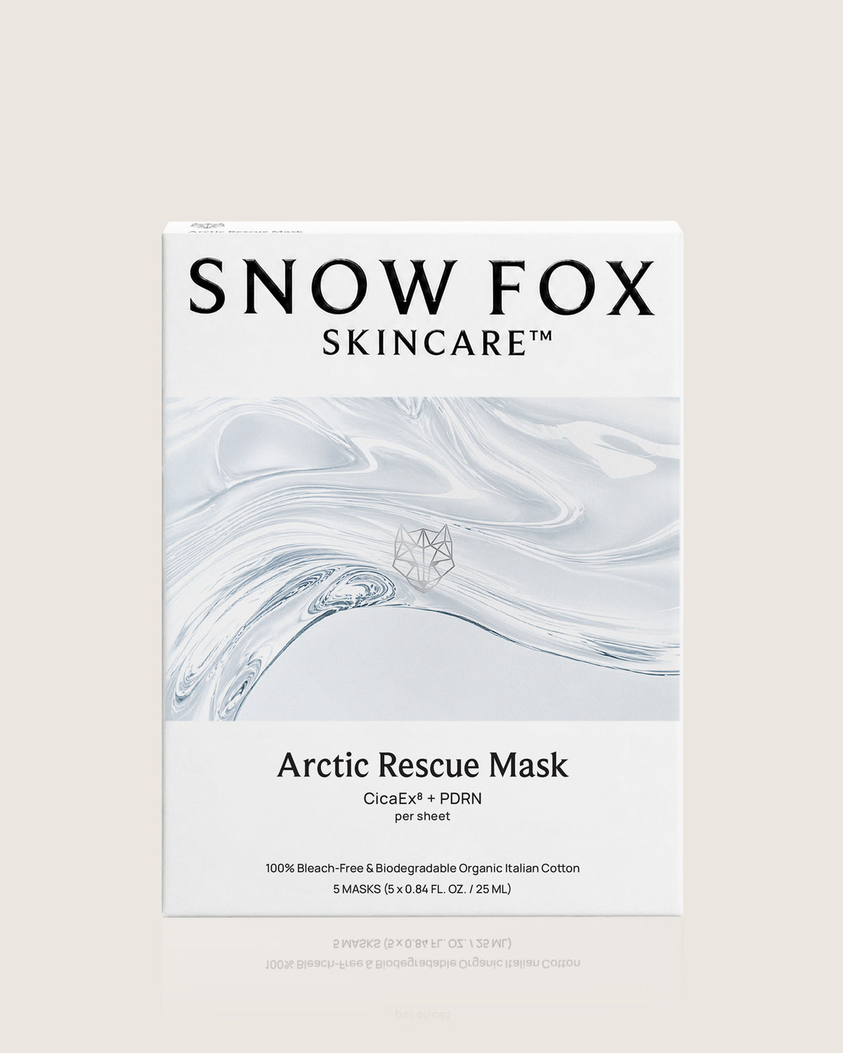 Snow Fox Skincare Arctic Rescue Mask packaging on a light beige background