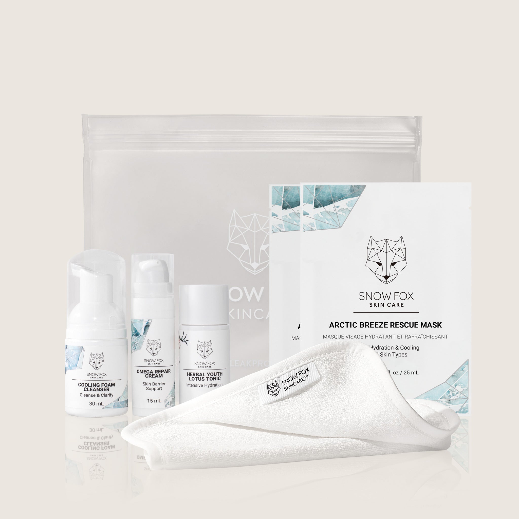 Snow Fox skincare products including masks and cleansers on a white background