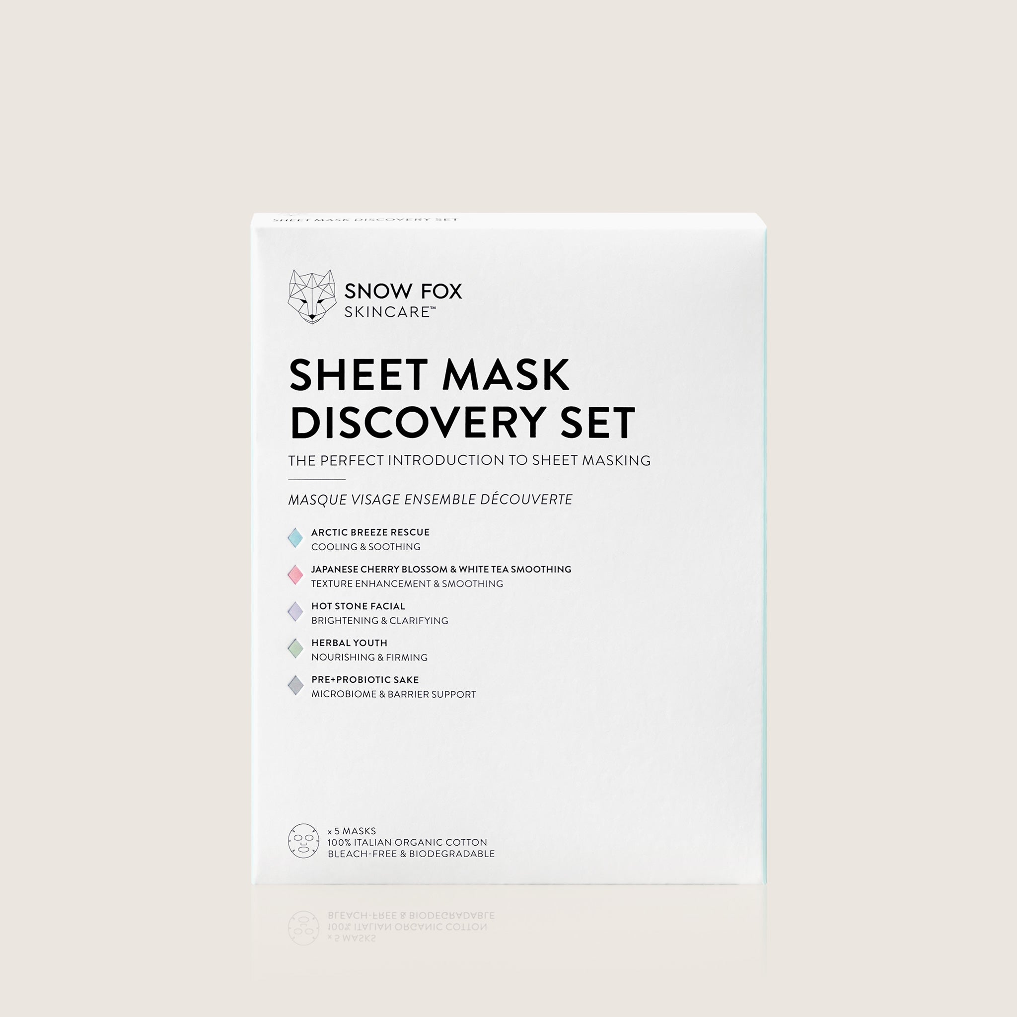 Snow Fox Skincare sheet mask discovery set packaging on a light beige background