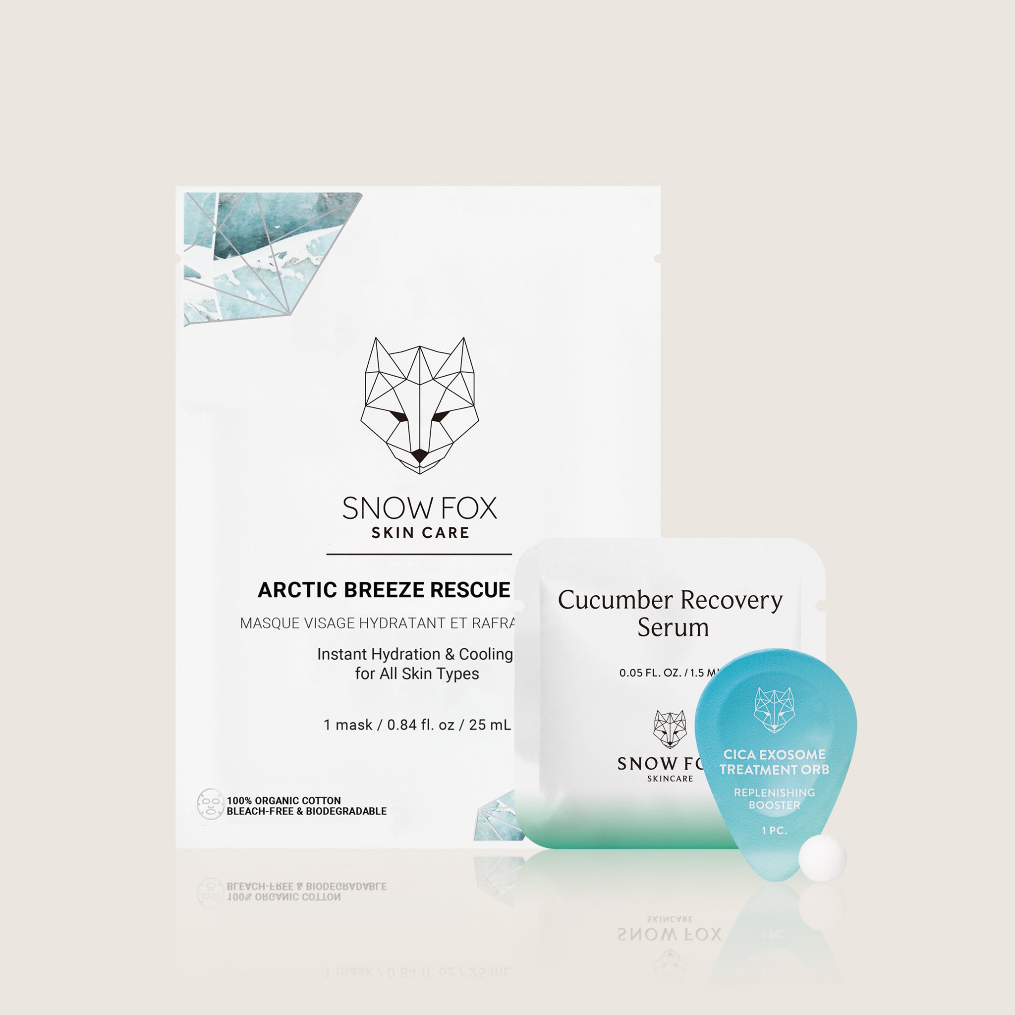 Snow Fox Skin Care products including a mask, serum, and a single capsule of freeze dried Cica Exosome orb on a light background
