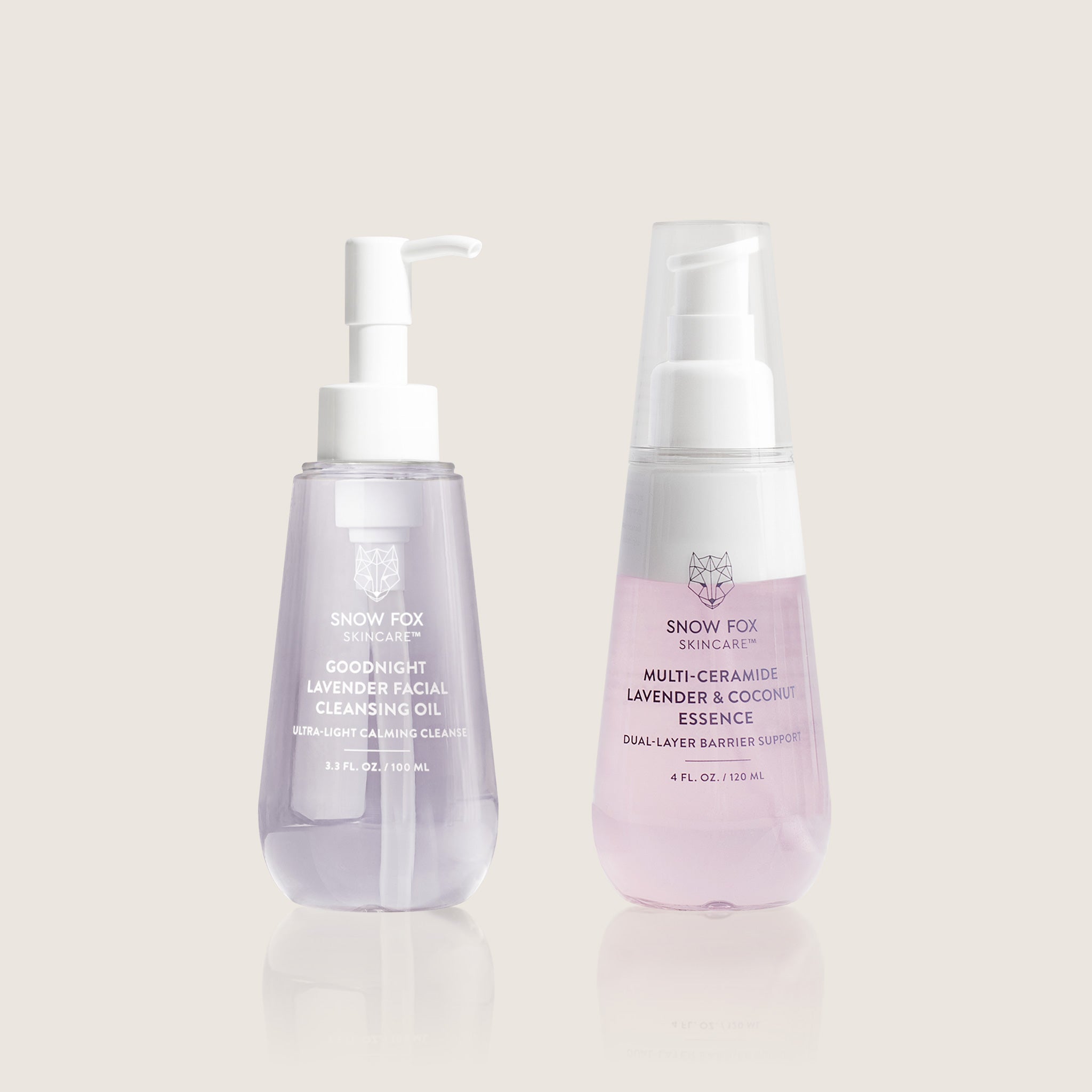Good night lavender cleansing oil by Snow Fox Skincare next to the Multi Ceramide Lavender Essence for Dual Layer Support by Snow Fox Skincare on a light beige background