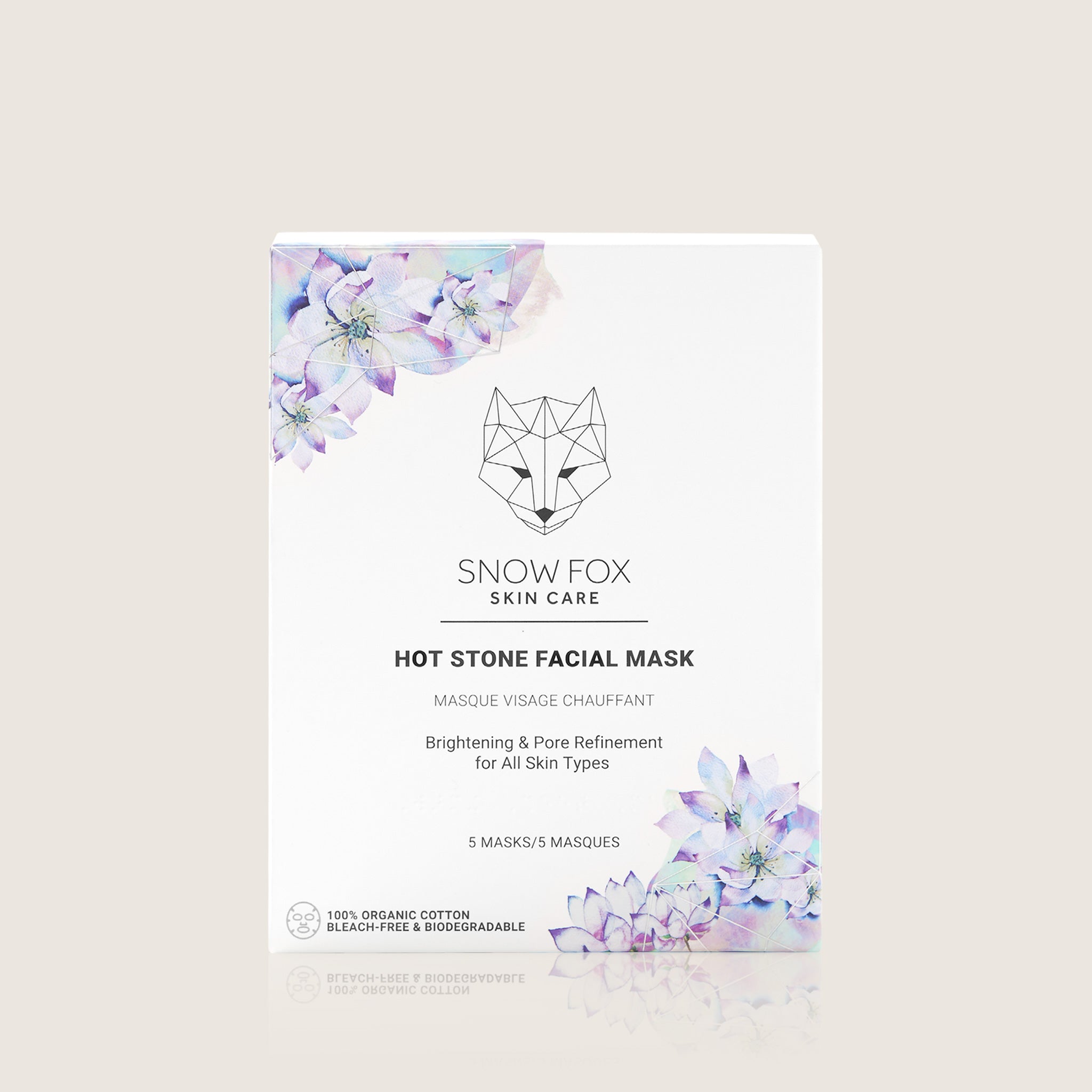 Snow Fox Skin Care hot stone facial mask packaging with floral design on a light background