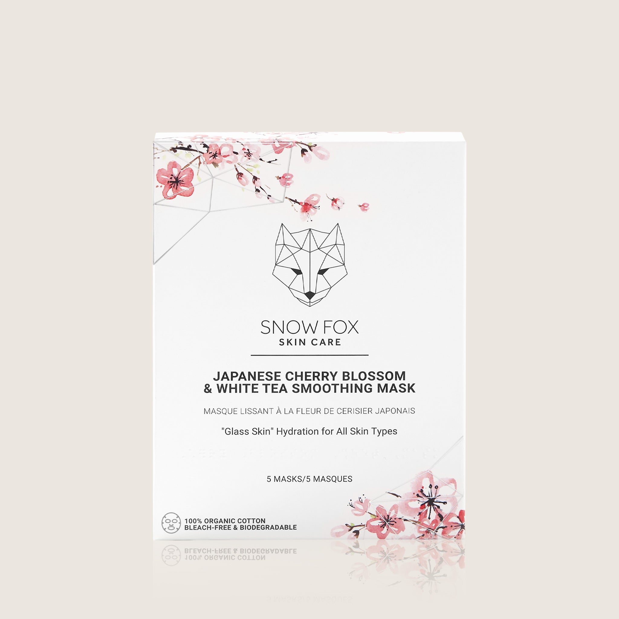 Snow Fox Skin Care Japanese Cherry Blossom & White Tea Smoothing Mask packaging with floral design on a light background