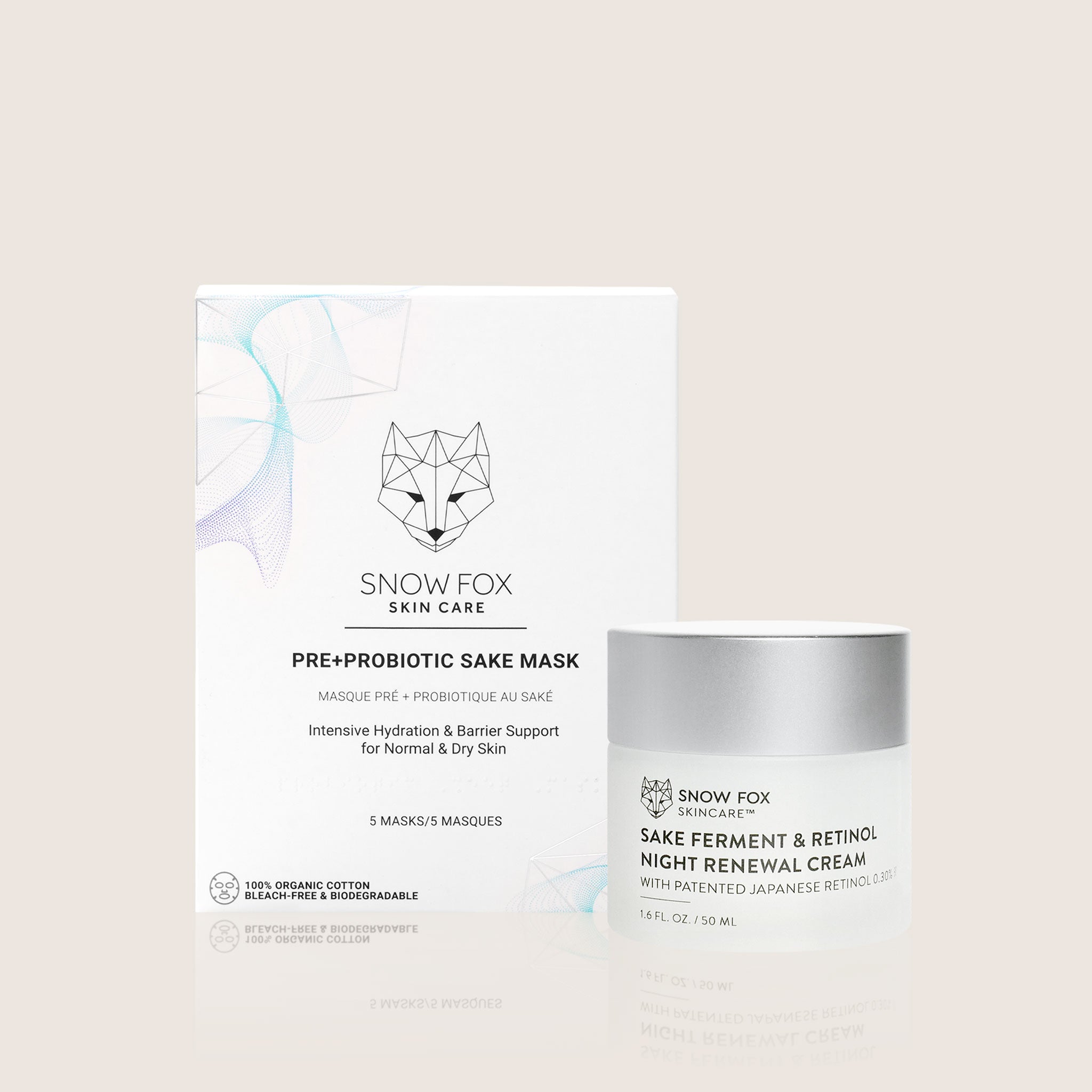 Snow Fox skincare products including a box of Sake Biotic mask and night renewal cream on a light beige background
