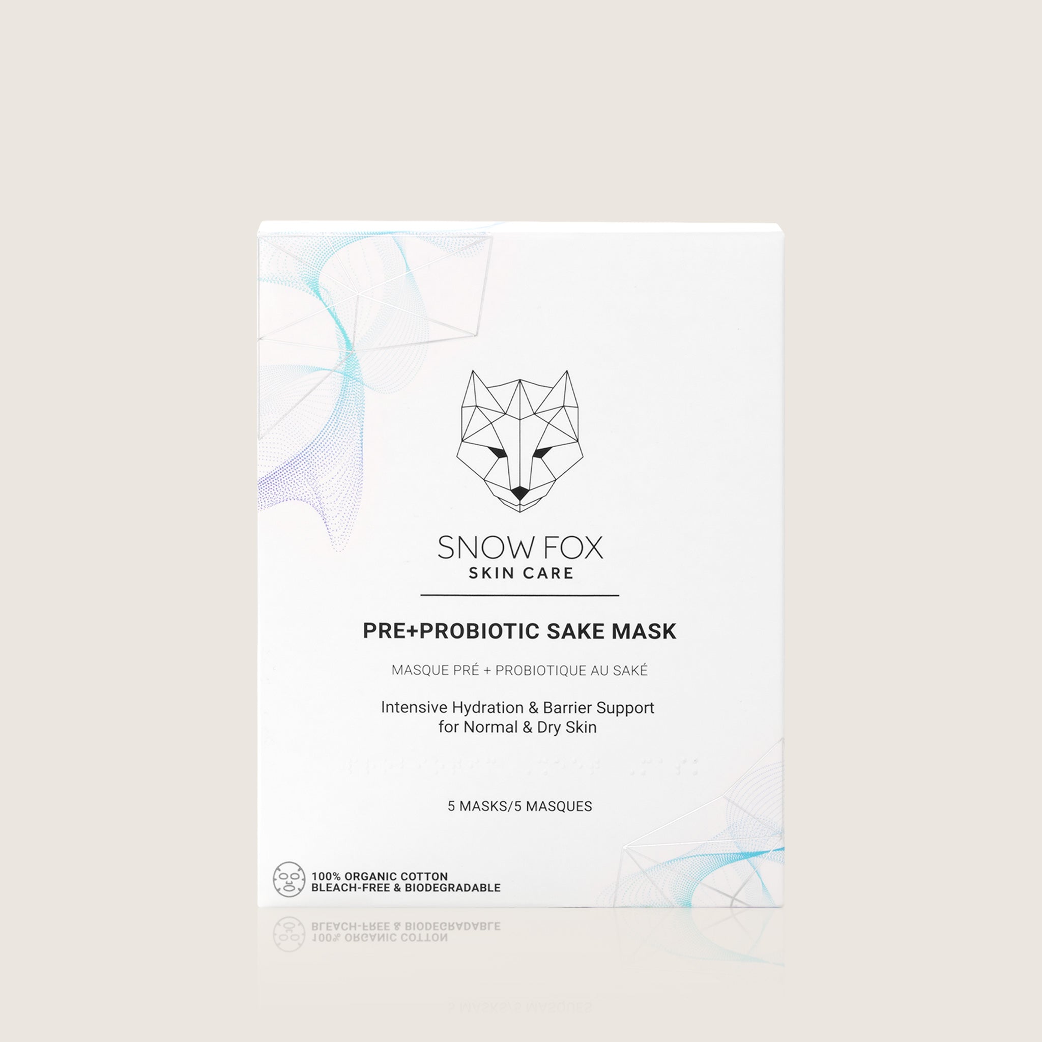 Snow Fox Skin Care pre+probiotic sake mask packaging on a light gray background