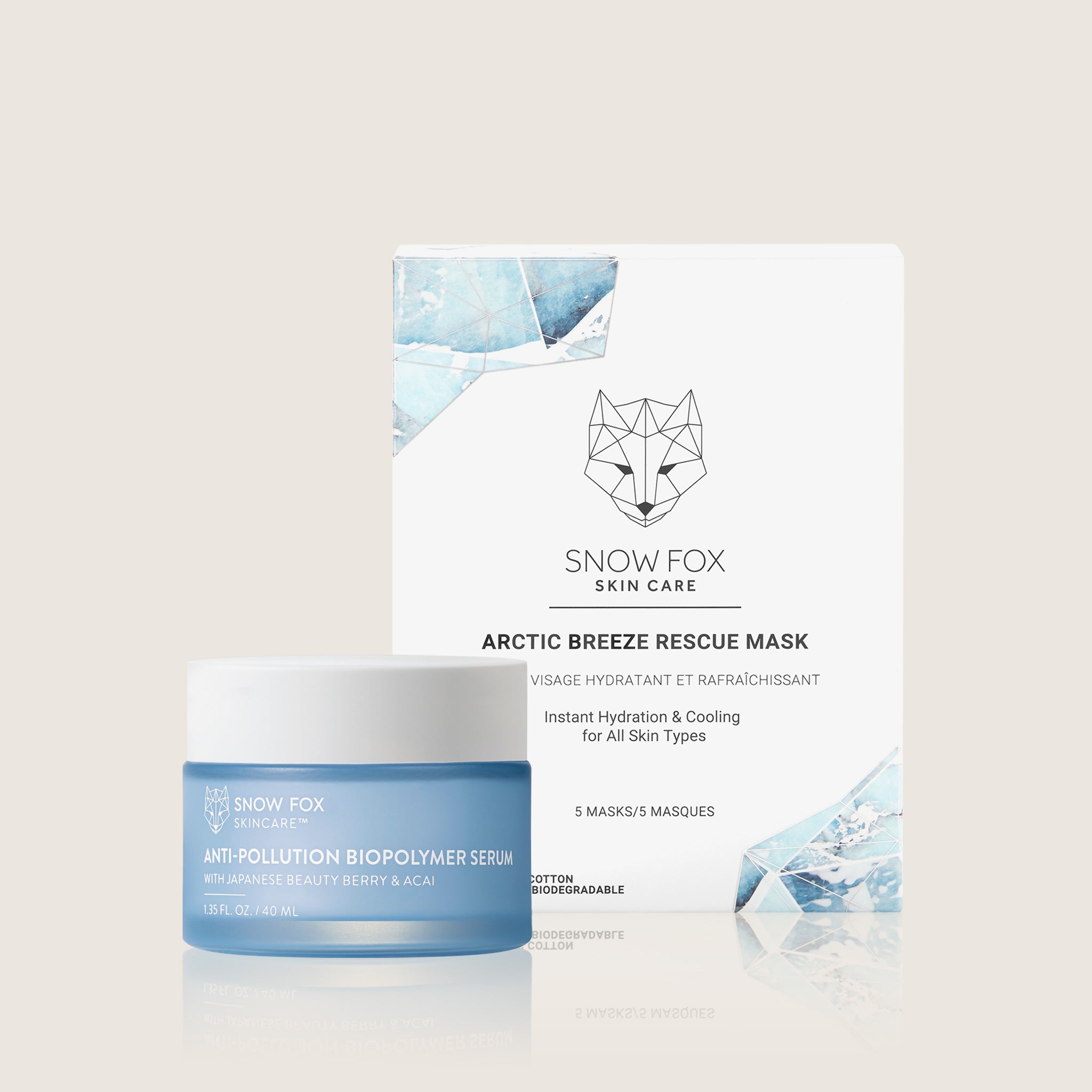 Snow Fox skincare products including the Arctic Breeze Rescue mask and serum on a light background