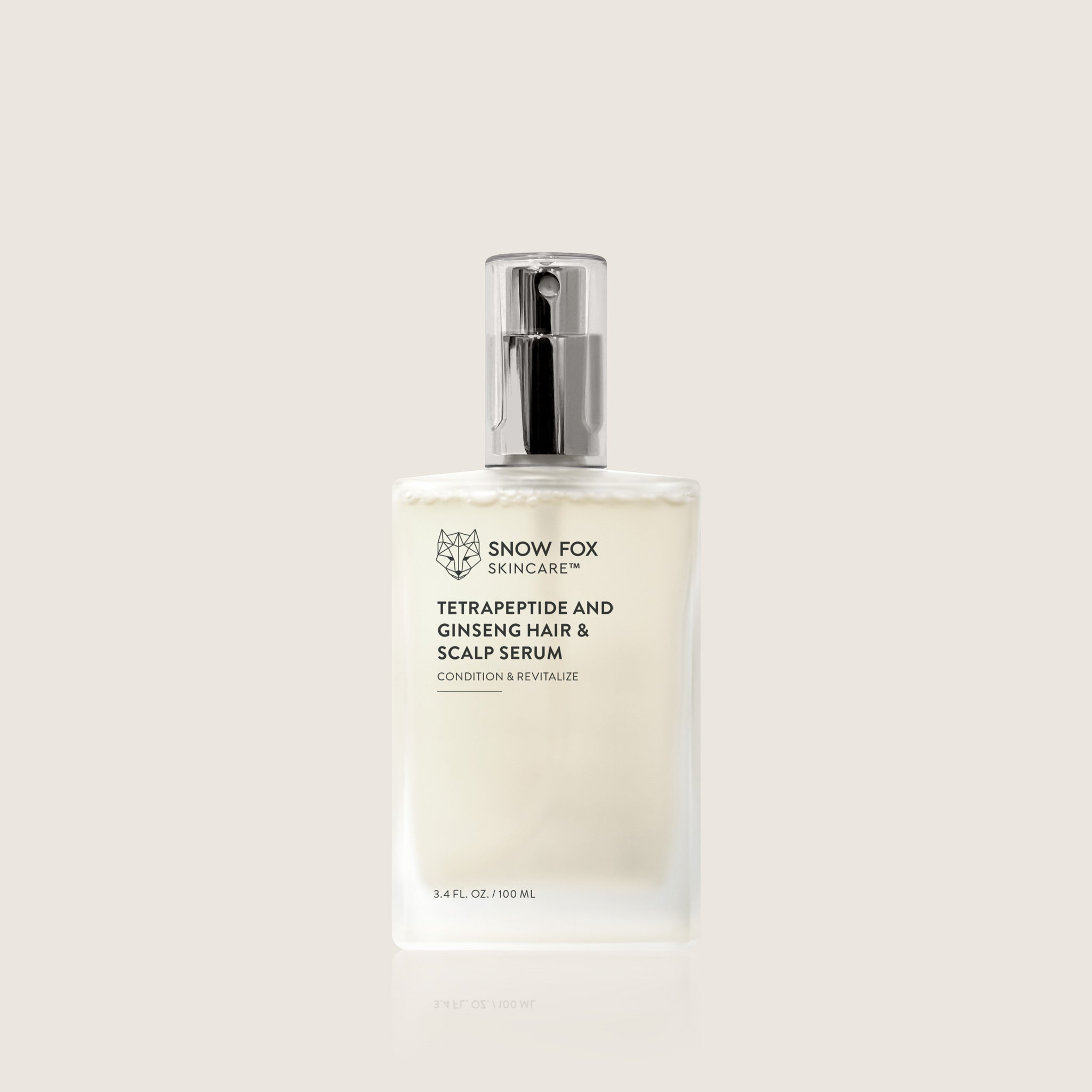 Snow Fox skincare Tetrapeptide and Ginseng Hair and Scalp Full sized serum bottle on a light beige background