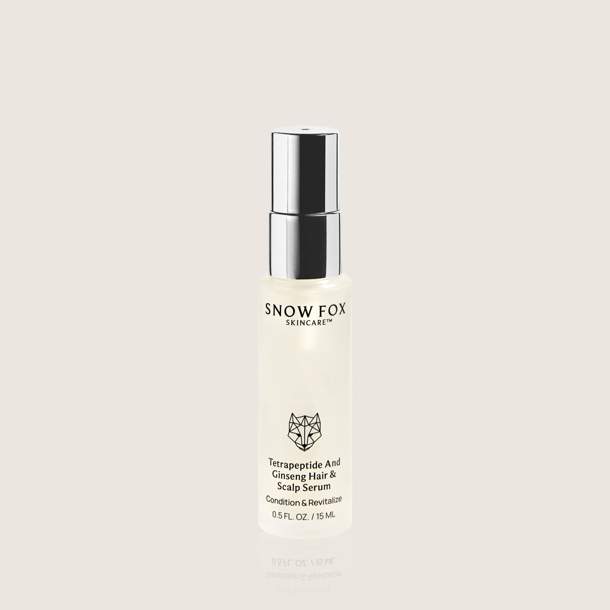 Snow Fox skincare Tetrapeptide and Ginseng Hair and Scalp Travel sized serum bottle on a light beige background