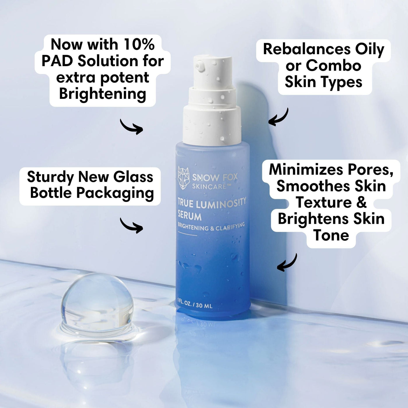 A 10% PAD solution brightening serum that relieves redness, fades hyperpigmentation and minimizes the look of enlarged pores.