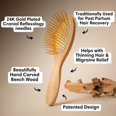 Stimulate acupressure points and promote healthy hair growth with our hand carved 24K gold-plated, premium wooden Gua Sha Hair &amp; Scalp Brush.