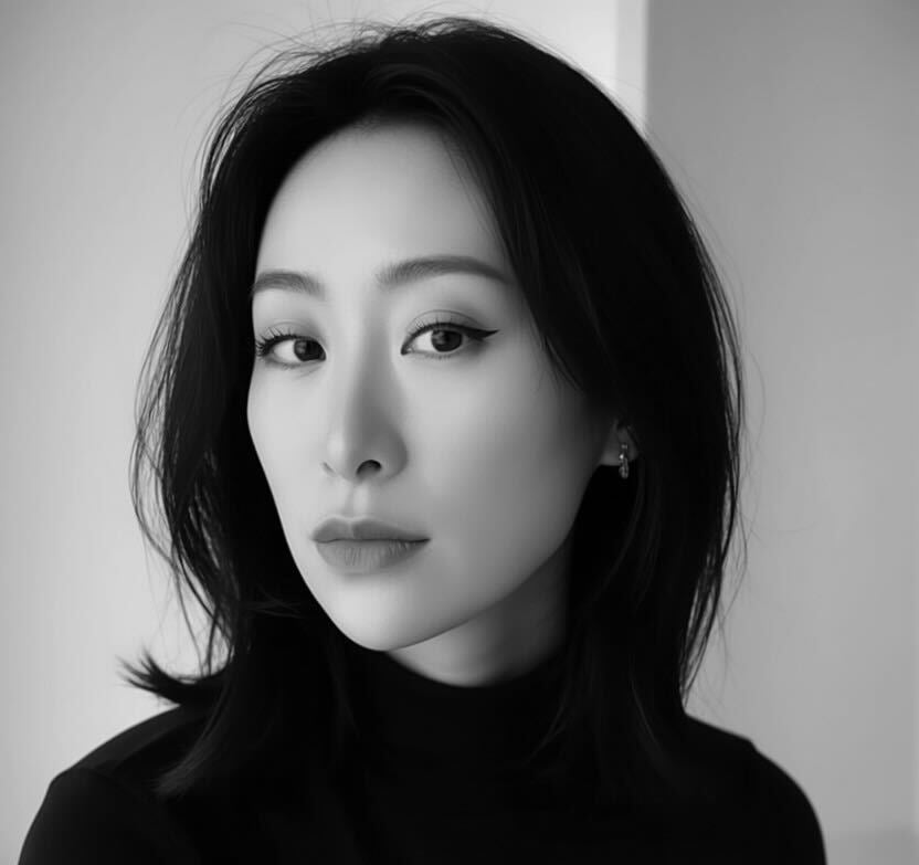 Black and white portrait of founder Phoebe wearing a black turtleneck.