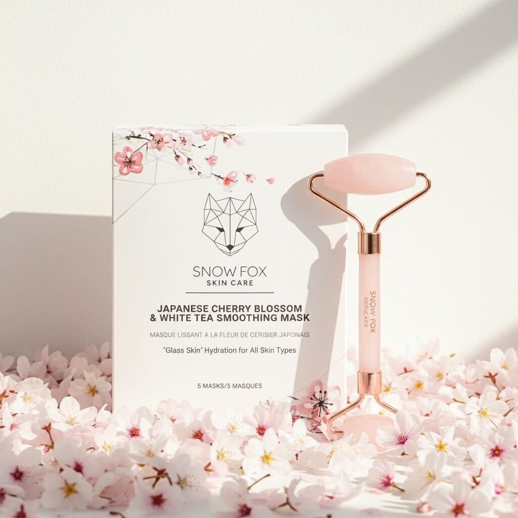 Snow Fox skin care mask with a rose quartz crystal roller and cherry blossom-themed packaging on a floral background