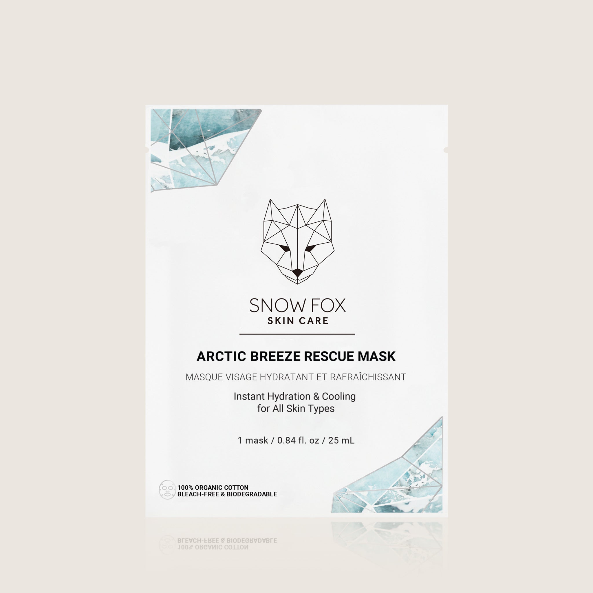 Snow Fox Skin Care Arctic Breeze Rescue Mask packaging on a light beige background