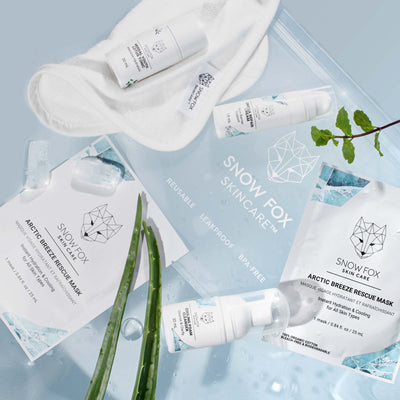 Cooling Foam Cleanser — 30 mL  Arctic Breeze Rescue Mask — 2 sheets  Herbal Youth Lotus Tonic — 30 mL  Omega Repair Cream — 15 mL Organic Cotton &amp; Bamboo Facial Cloth — 1 cloth Leakproof, Water Resistant, Resealable Travel Pouch — 1 bag