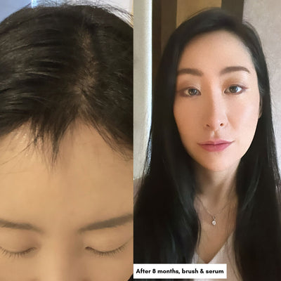 before and after results of using the hair serum and the 24K gold reflexology gua sha brush