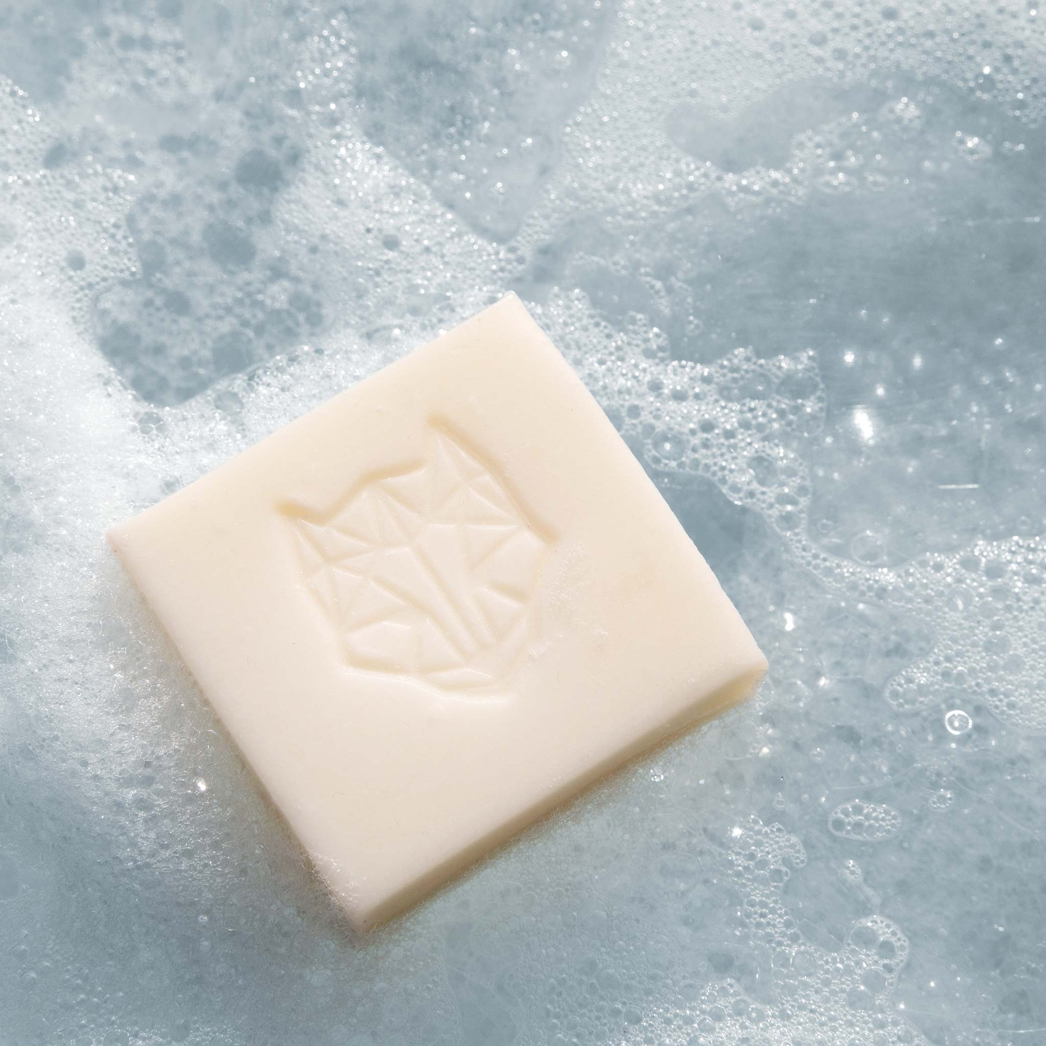 Snow Fox Skincare hydrating hair and body cleansing bar with packaging on a white bubbly background