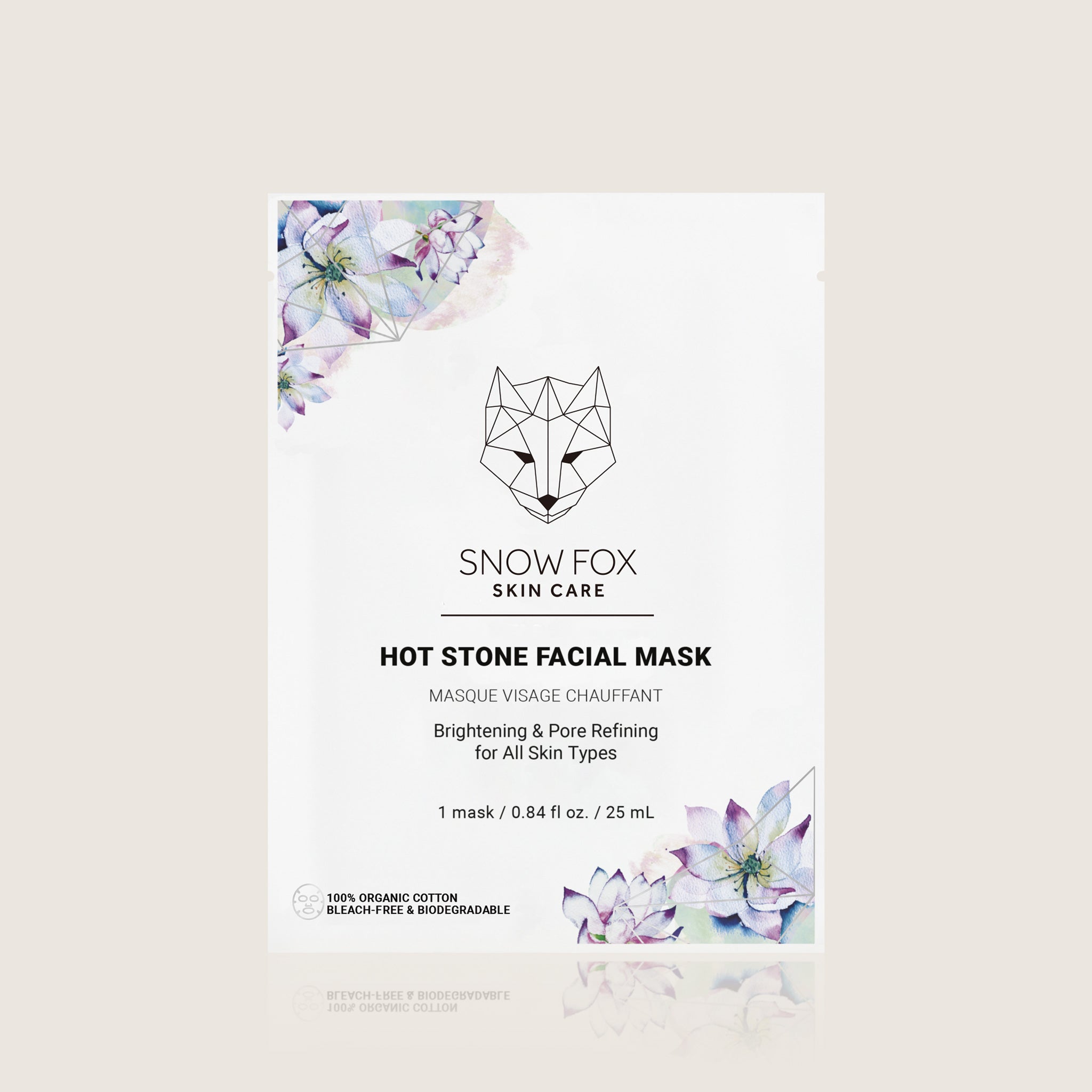 Snow Fox Skin Care hot stone facial mask packaging with floral design on a light background for skin brightening 