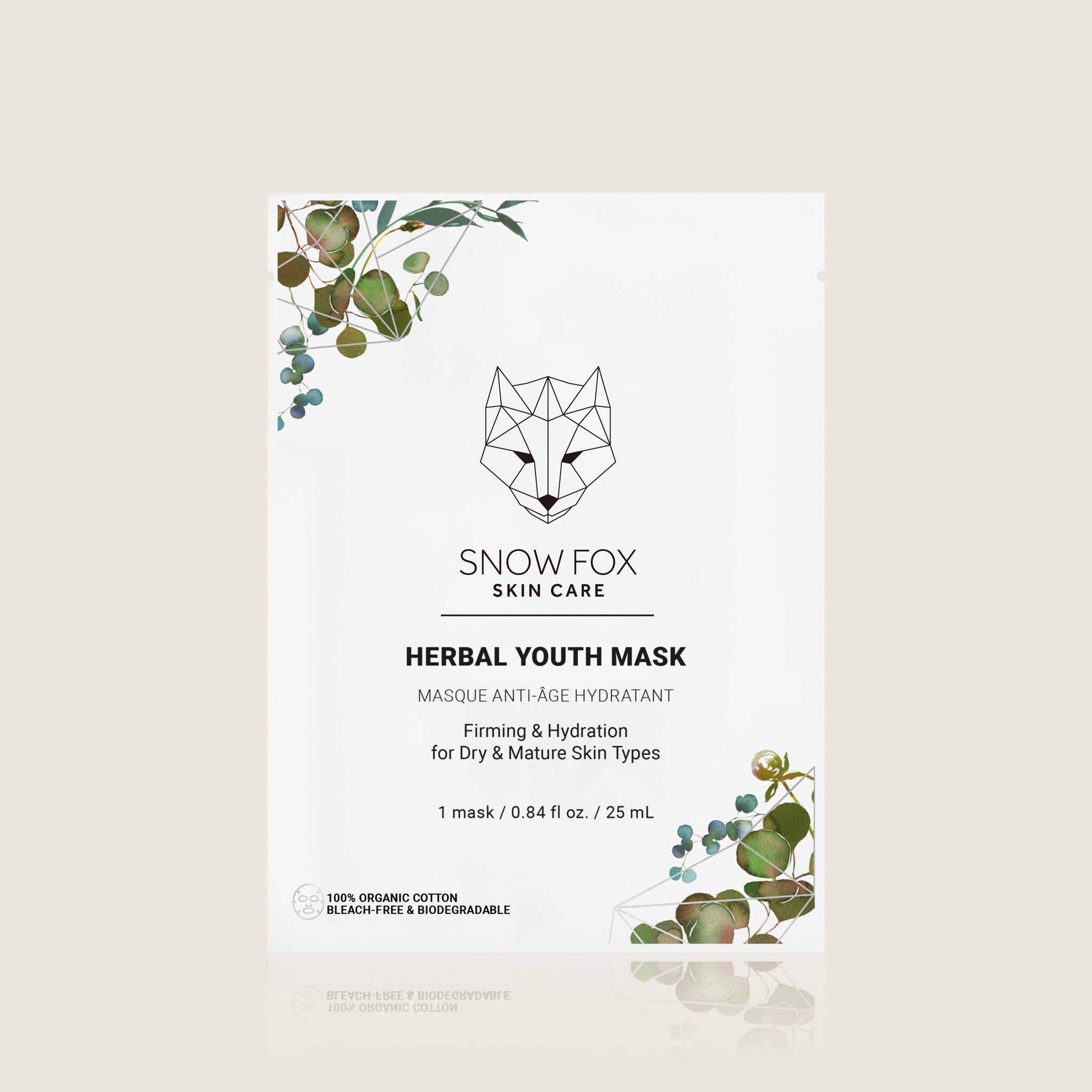 Snow Fox Skin Care Herbal Youth Mask packaging with fox logo and greenery on a beige background