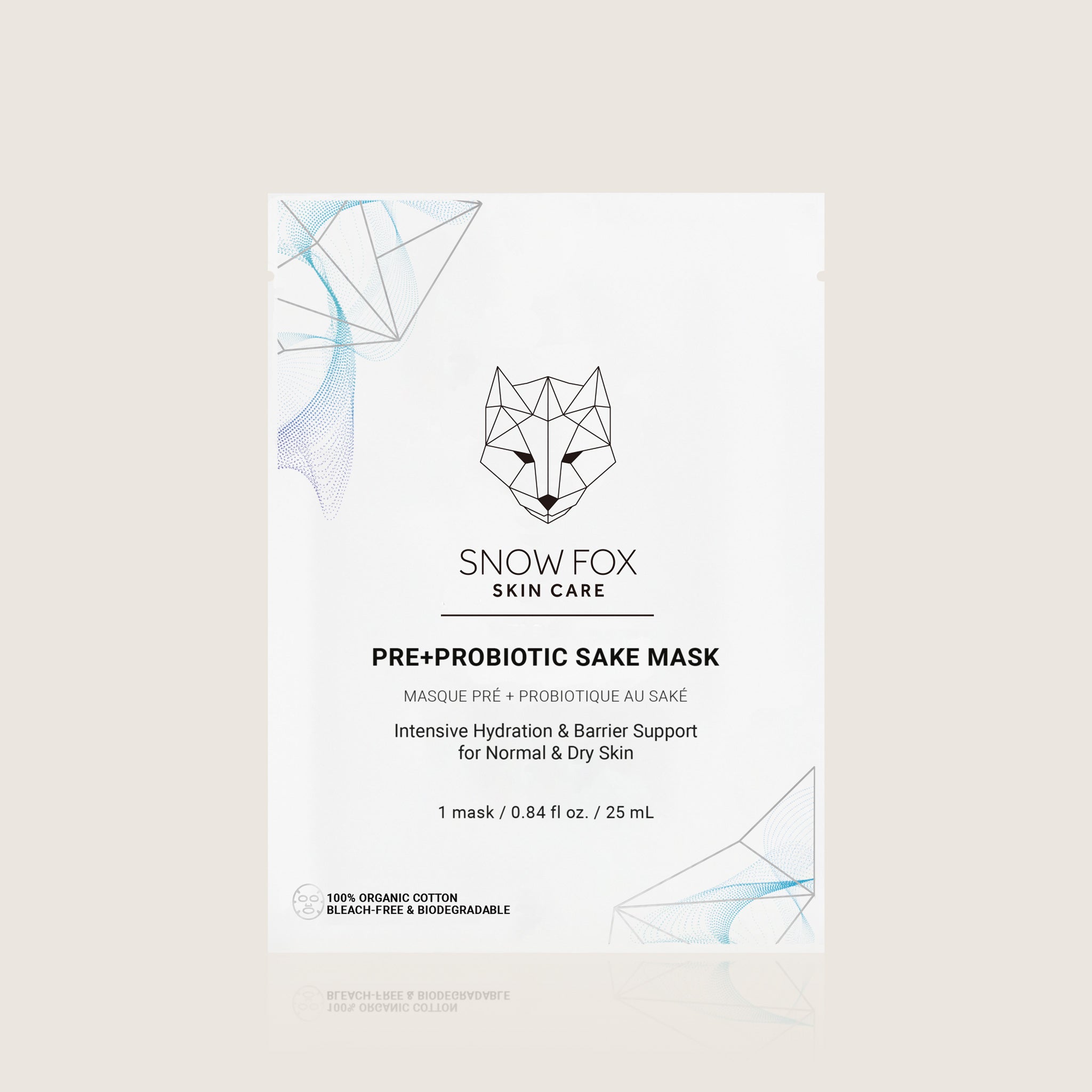 Snow Fox Skin Care pre+probiotic sake mask packaging on a light beige background