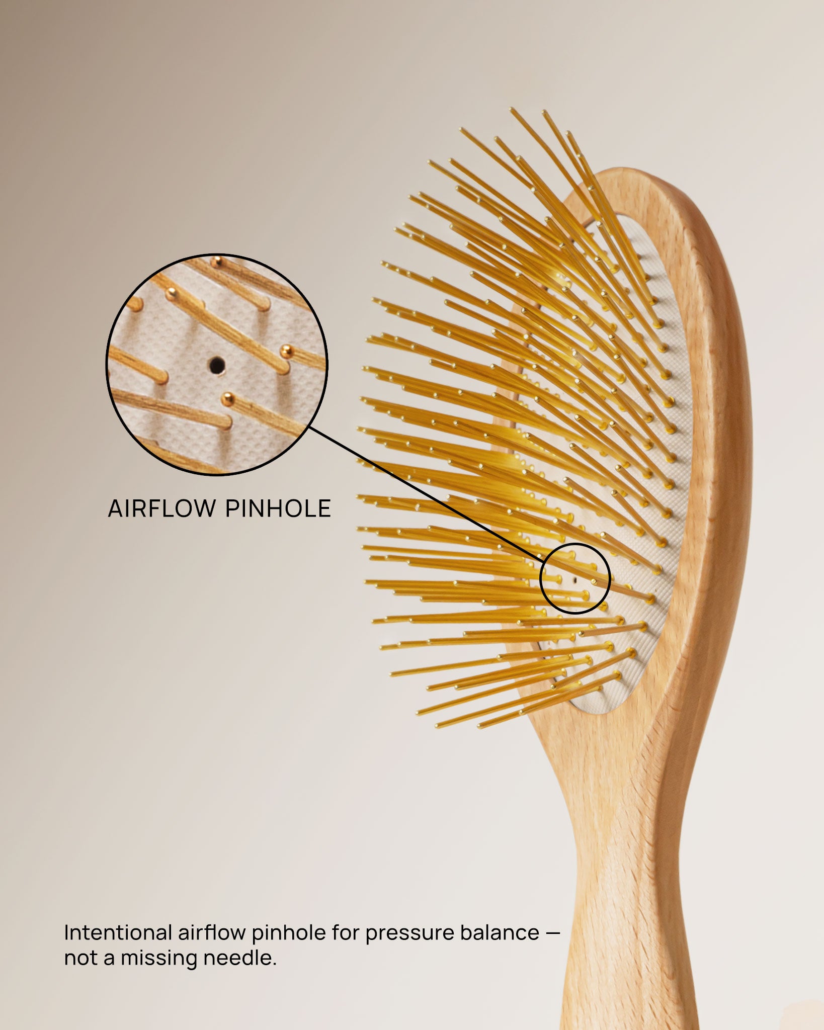 Airflow Pinhole: Intentional airflow pinhole for pressure balance — not a missing needle.