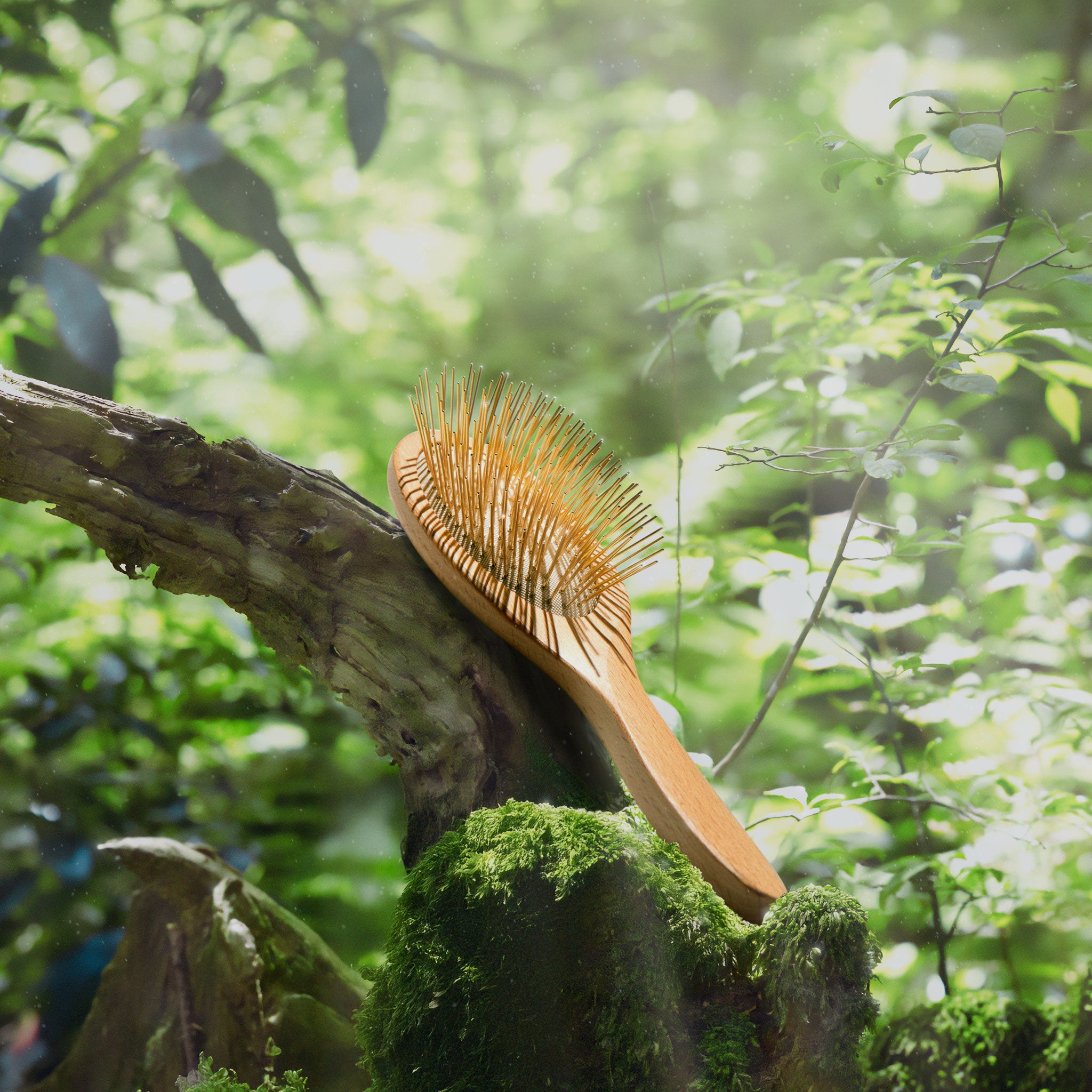 Wooden Edition Gua Sha Brush on a mossy tree branch with a blurred green forest background, featuring its 24K gold acupressure needles 