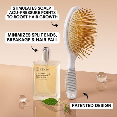 Stimulate acupressure points and promote healthy hair growth with our 24k gold-plated Gua Sha Hair & Scalp Brush.
